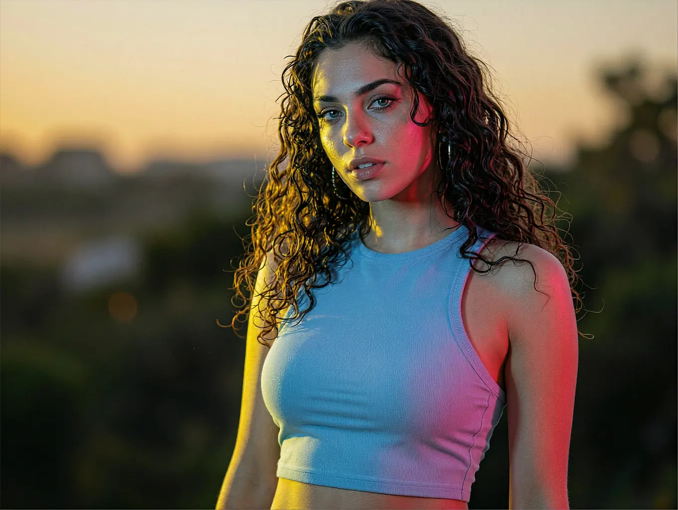 An AI girlfriend online on her balcony at dusk, mid-session between voice replies