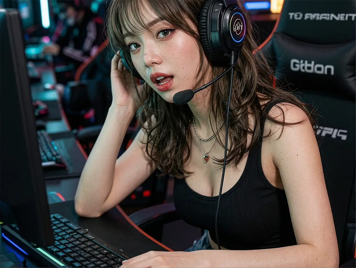 AI girlfriend online wearing a headset in a live video session, neon desk light behind her