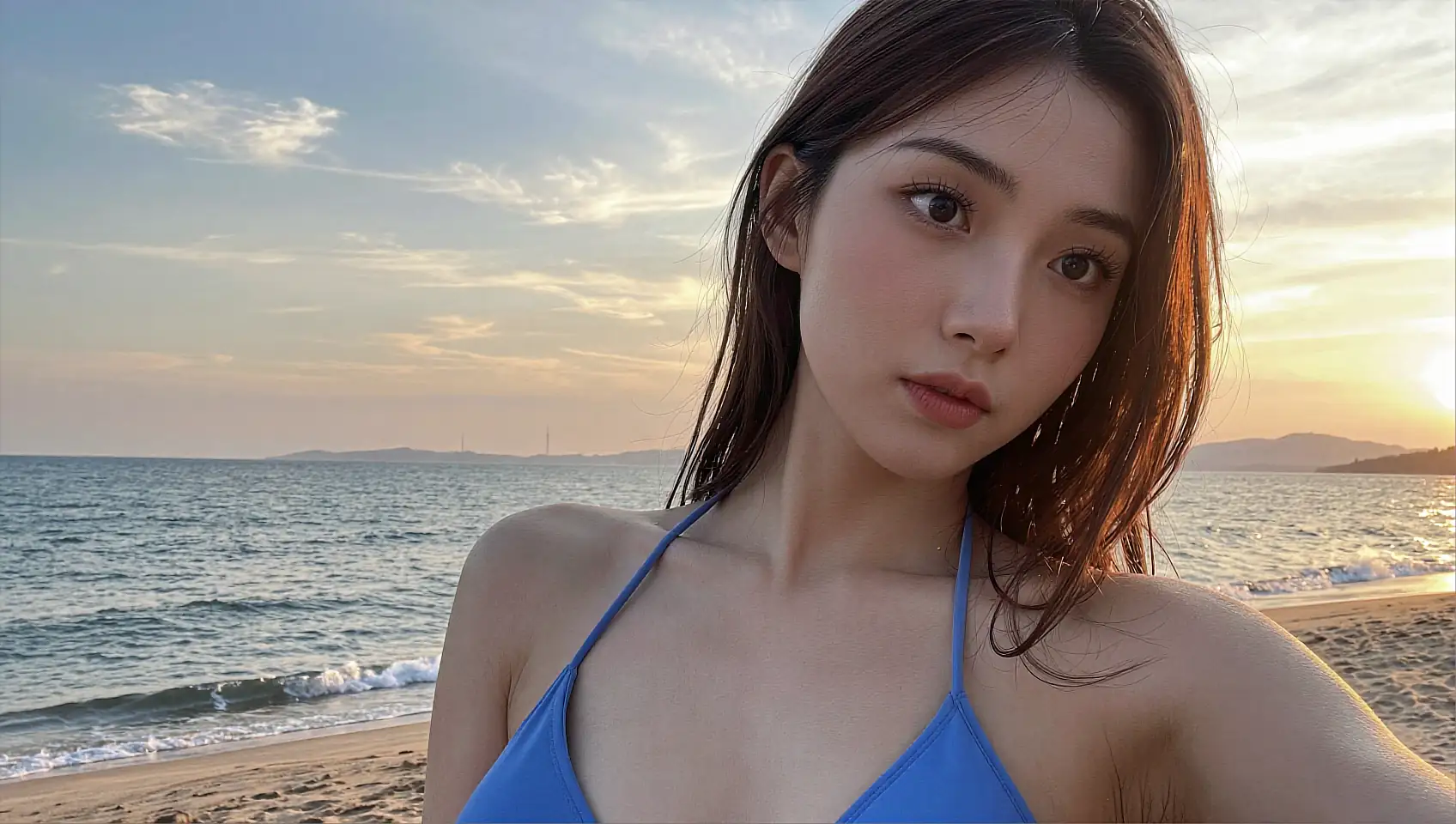 Free girlfriend online smiling on a bright daytime video call from the beach