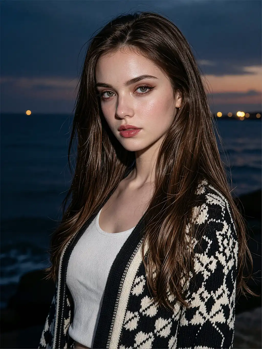 Lena by the evening sea, about to send a photo to her online boyfriend