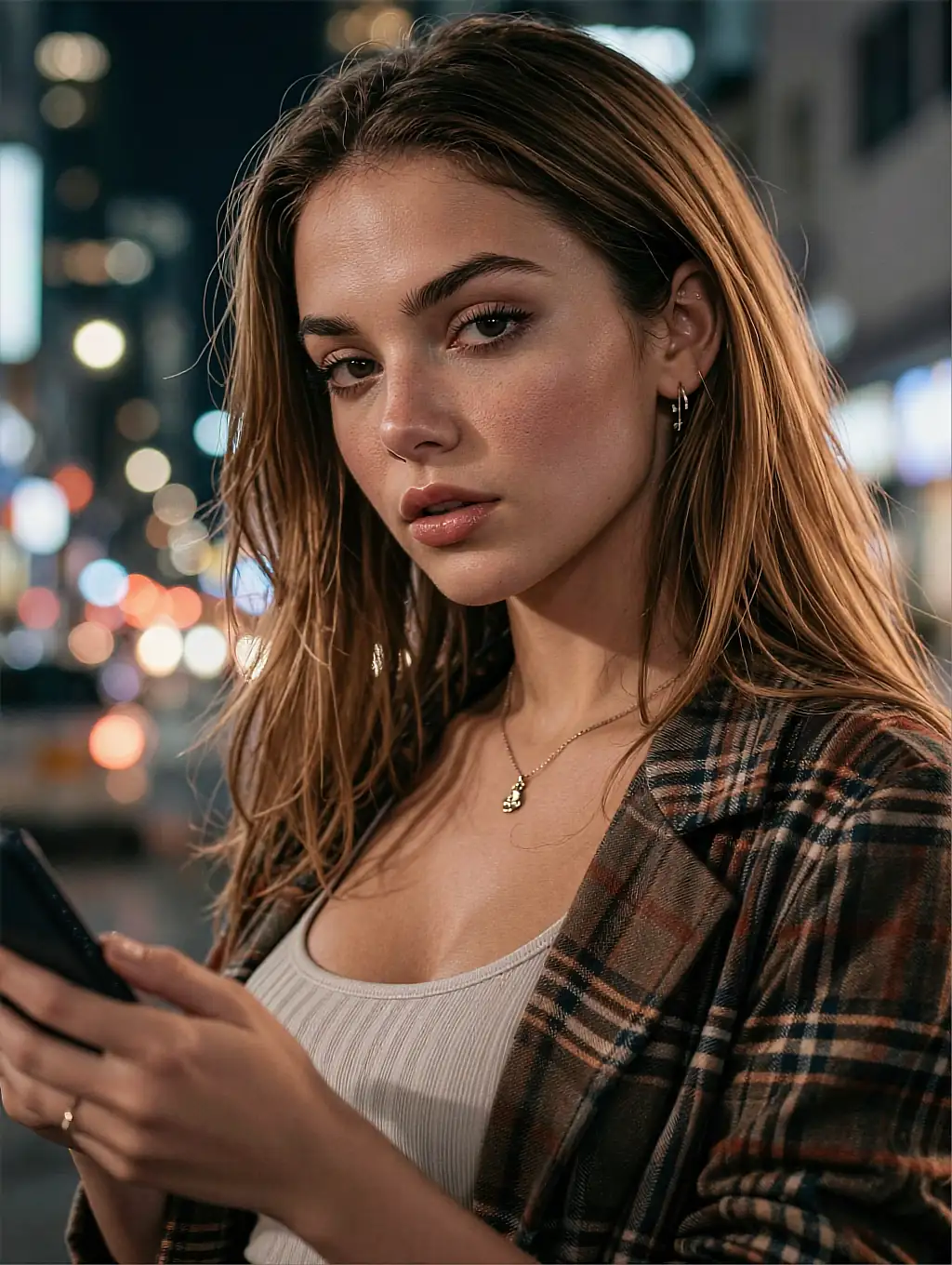 Mila checking her girlfriend online inbox on a neon city street at dusk