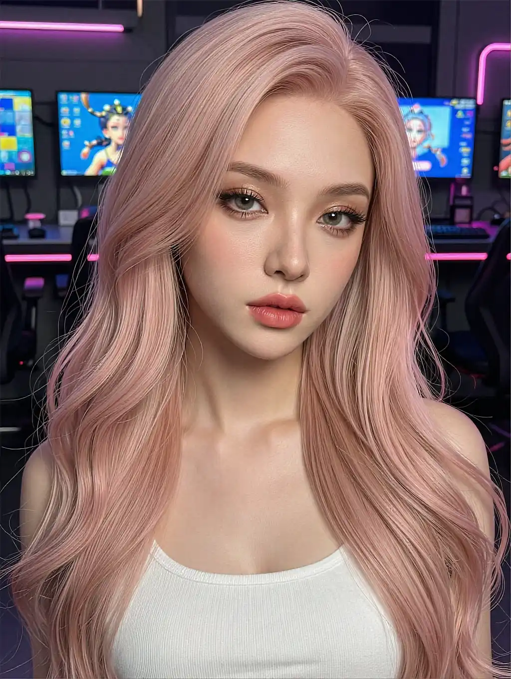 Yumi with pastel pink hair at a gaming café, online girlfriend on the night shift
